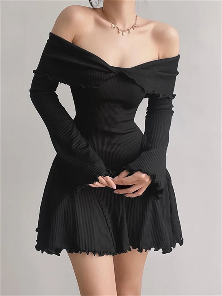 Long Flare Sleeve Ribbed Slash Neck Mini Dresses Comfortable Smocked Mini Dress