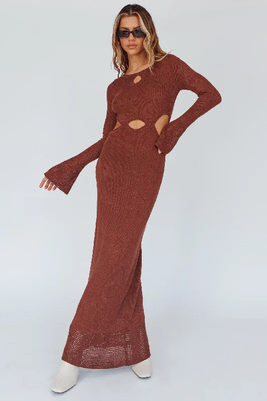 Long Sleeve Cut-Out Knit Maxi Dress Coffee Comfortable Pleated Maxi Dress