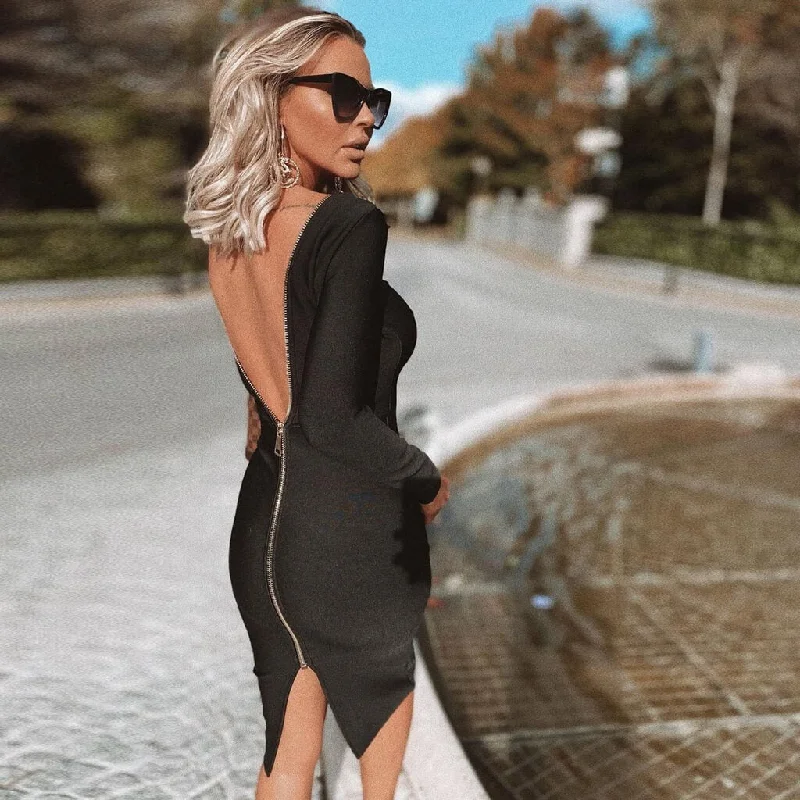 Long Sleeve Zip Back Slit Bodycon Bandage Midi Dress - Black Chic Off-Shoulder Midi Dress