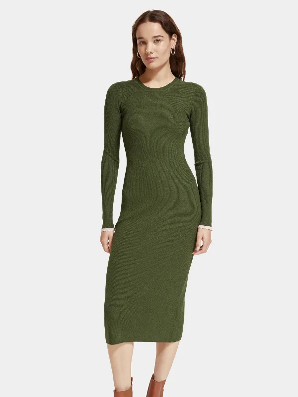 Long sleeved rib knitted midi dress Fashionable A-Line Midi Dress