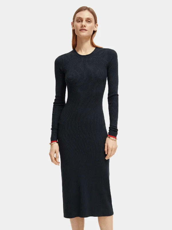 Long sleeved rib knitted midi dress Comfortable Draped Midi Dress