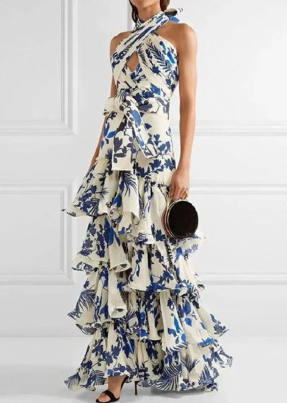 Loose Blue Ruffled Print Laxe Up Cotton Maxi Dress Sleeveless BB038 Chic Off-Shoulder Maxi Dress