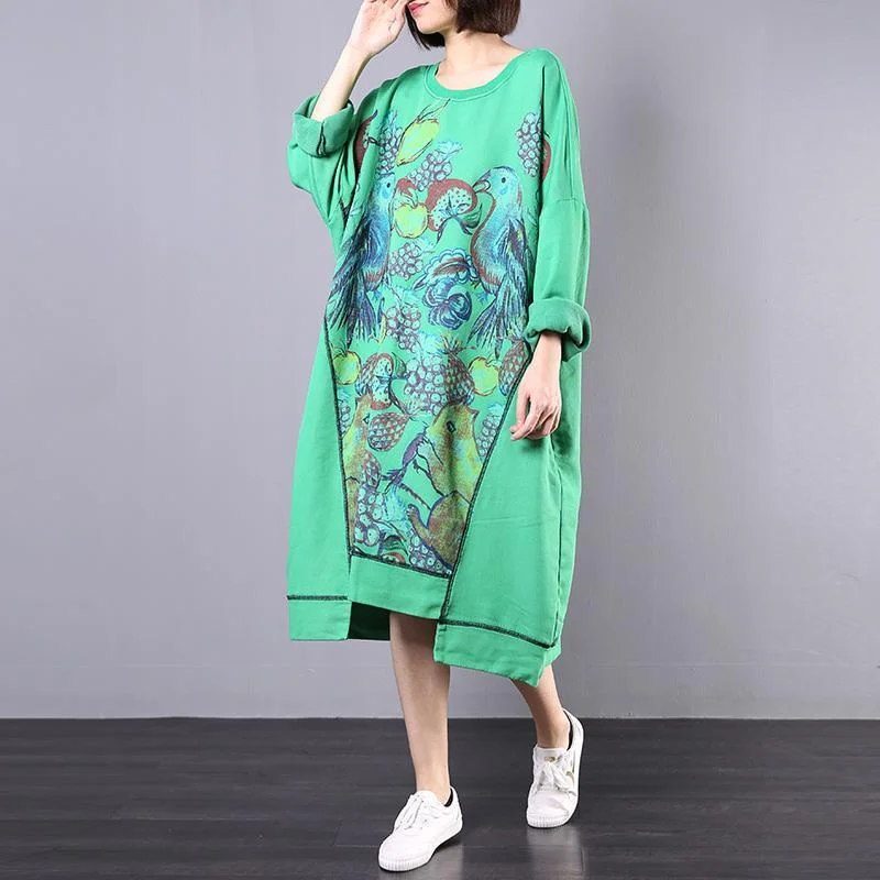 Loose long sleeve cotton clothes Women Sewing green prints Maxi Dress fall Stylish Boho Maxi Dress