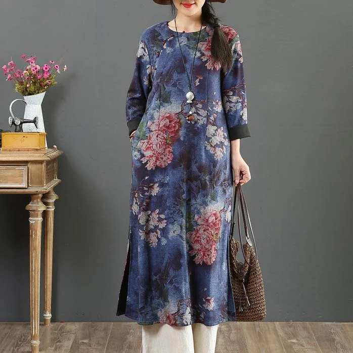 Loose o neck pockets cotton Wardrobes Work blue print Maxi Dress fall Elegant Maxi Dress with Slit