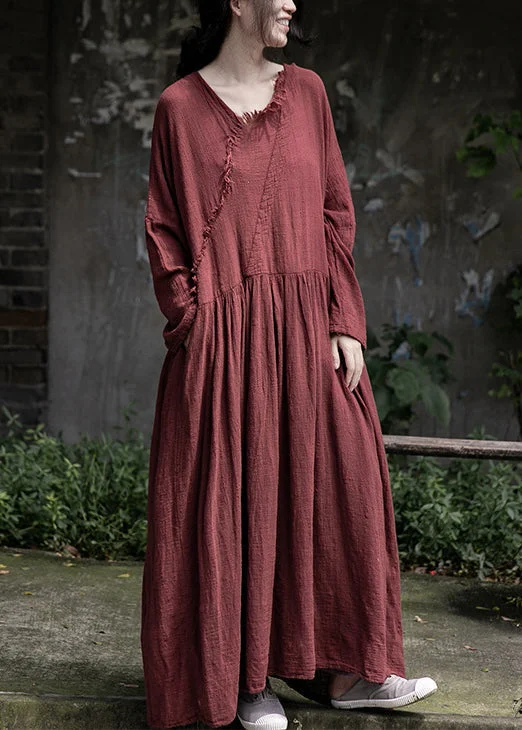 Loose Red Wrinkled Pockets Cotton Maxi Dress Long Sleeve MN059 Trendy Maxi Dress with Bow
