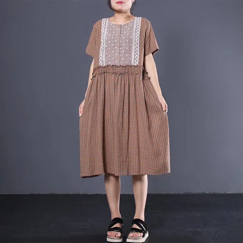 Loose ruffles cotton dresses Fashion Ideas khaki plaid Maxi Dresses summer Fashionable Sheer Maxi Dress