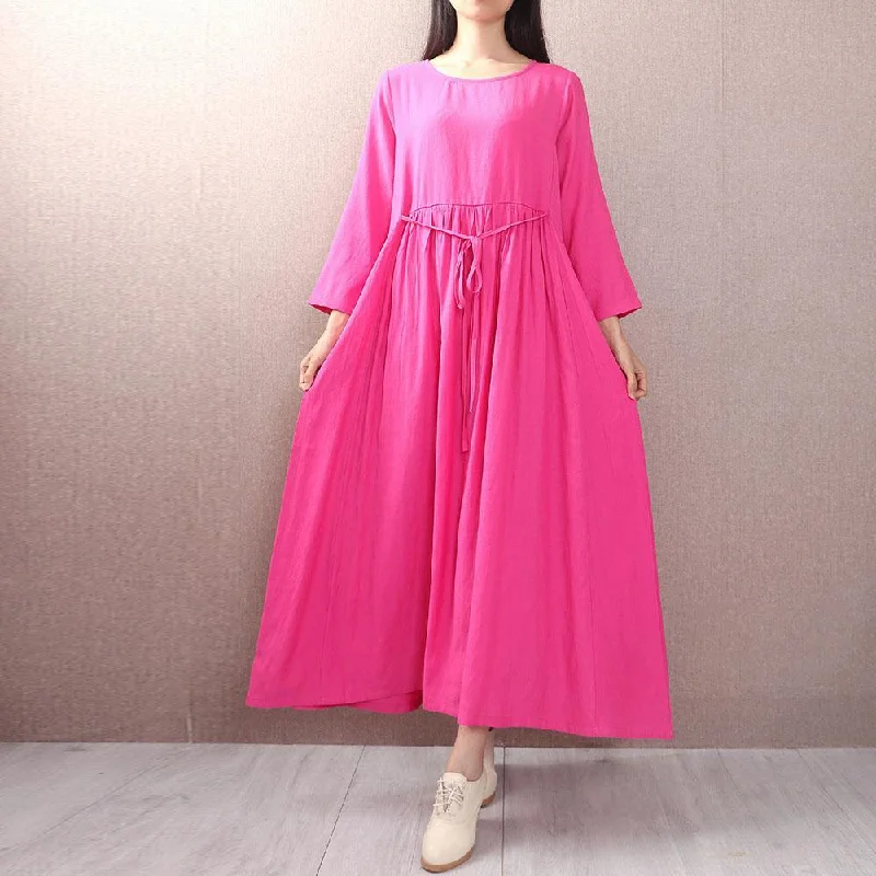 Loose tie waist cotton Tunics Shape rose Maxi Dress Elegant Pleated Maxi Dress