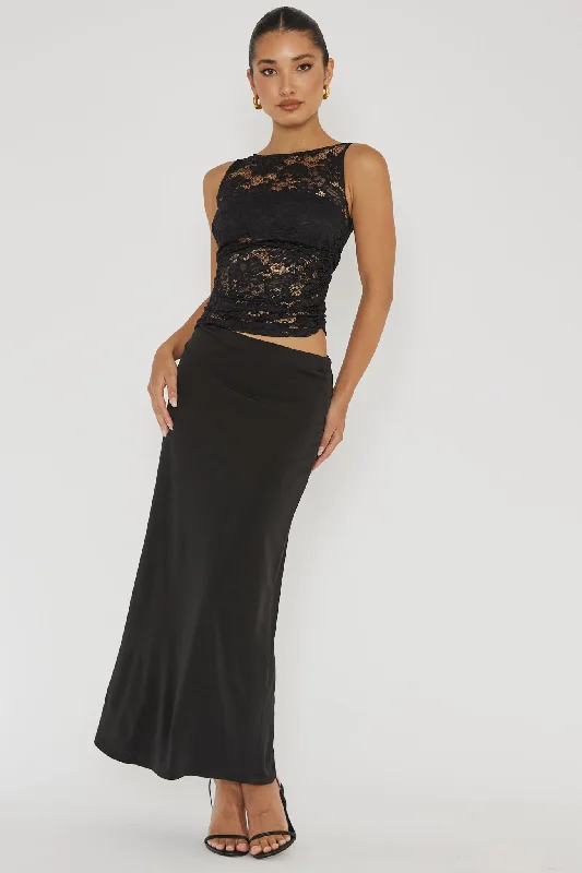 Lorely Ruched Lace Bodice Maxi Dress Black Elegant Sleeveless Maxi Dress