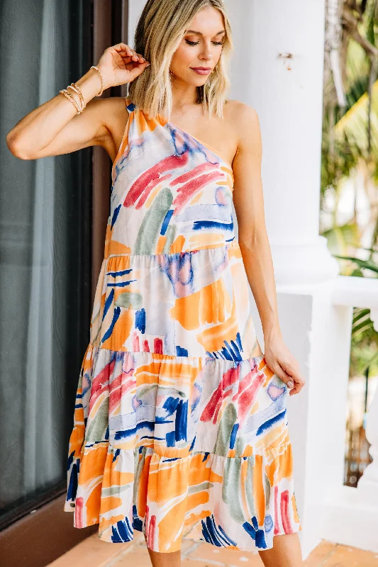 Love Follows Tangerine Orange Midi Dress Stylish High-Waisted Midi Dress