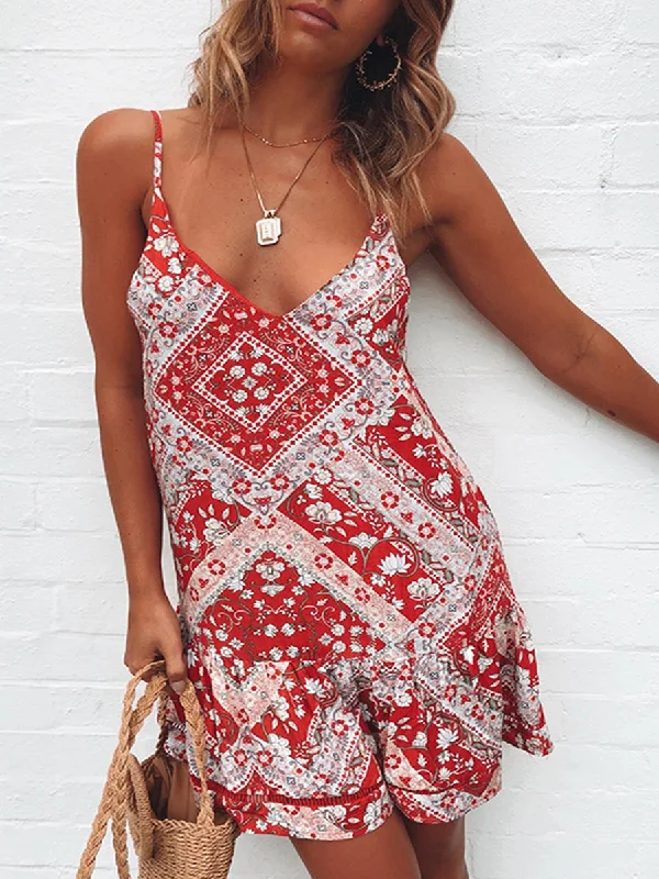 Low-neck Strap Print Mini Dress Trendy Cut-Out Mini Dress