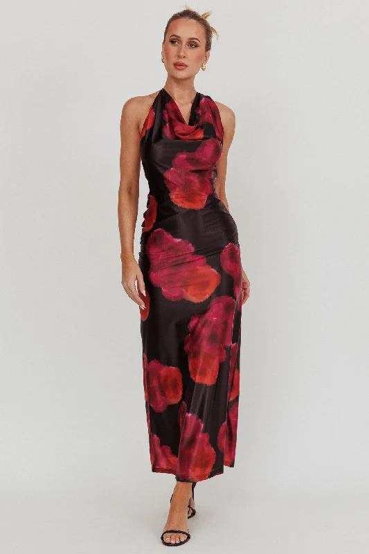 Lustrous Cowl Neck Maxi Dress Pink Cozy Knitted Maxi Dress