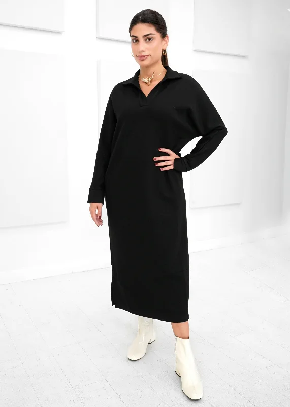 Luxe Modal - Collared Long Sleeve Midi Dress Cozy Ribbed Knit Midi Dress