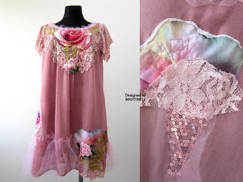 Pink Summer Dress for Women,Boho Embroidered Midi Dress Elegant Satin Midi Dress