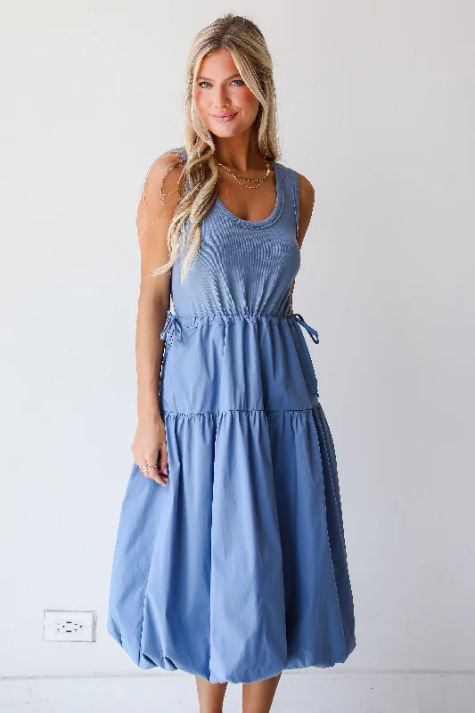 FINAL SALE - Majorly Cute Denim Contrast Midi Dress Comfortable Deep V Midi Dress