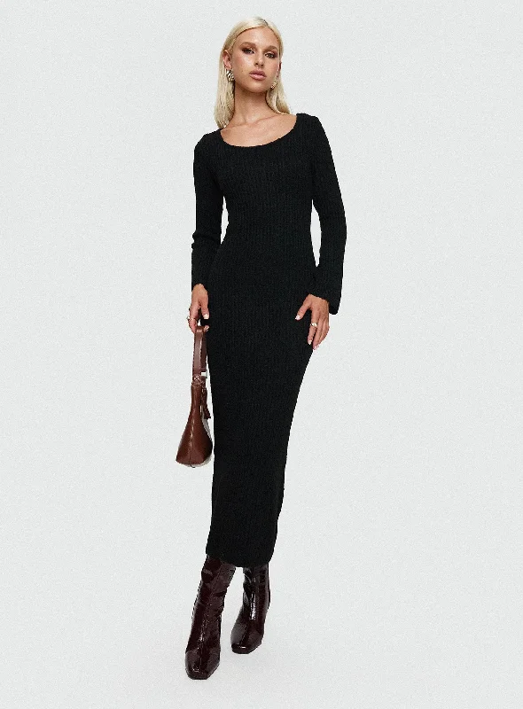 Malletti Long Sleeve Maxi Dress Black Cozy Knit Maxi Dress