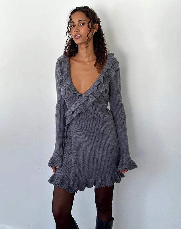 Marianna Long Sleeve Knitted Mini Dress in Dark Grey Stylish Ribbed Mini Dress