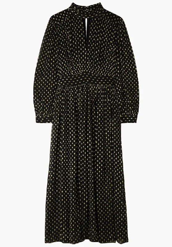 Marianne Keyhole Gold Spot Midi Dress In Black Trendy Fit-and-Flare Midi Dress