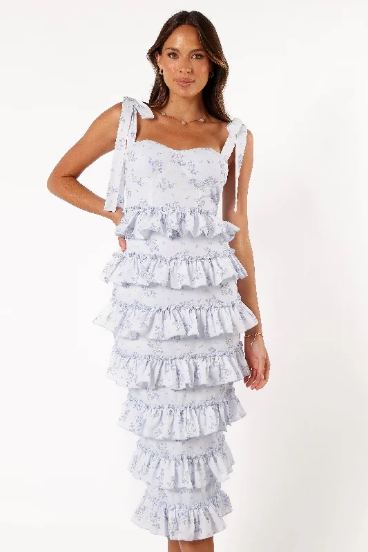 Marina Frilled Midi Dress - Blue Floral Fashionable Fitted Midi Dress