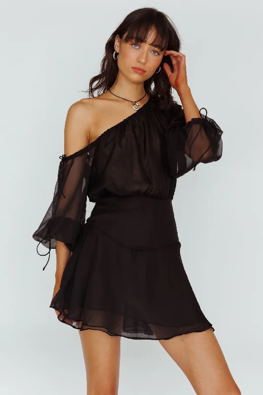 Mariona Off Shoulder Long Sleeve Mini Dress Black Comfortable Casual Mini Dress