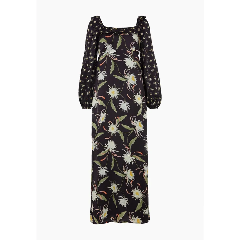 Martha Square Neck Moonflower Print Midi Dress In Navy Comfortable Stretch Midi Dress