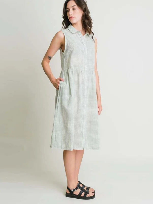 Matilda Cotton & Linen Midi Dress | Mint Check Elegant Pleated Sleeve Midi Dress