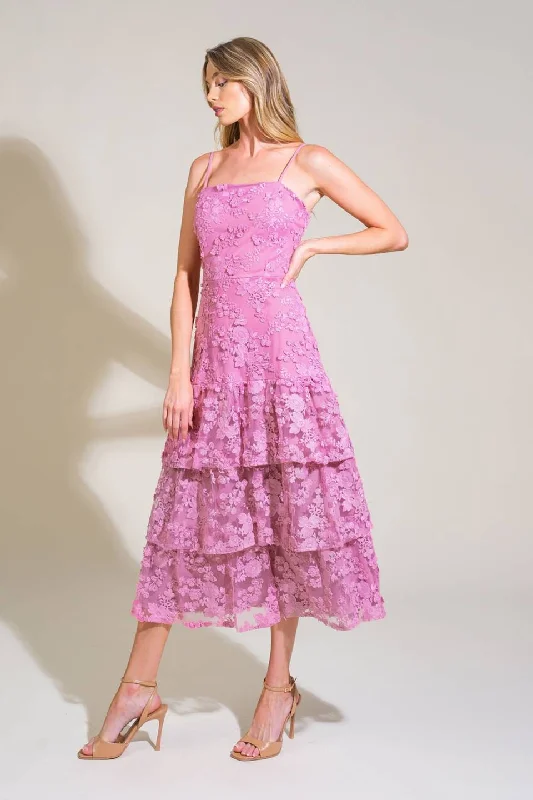 Mauve Floral Lace Accent Midi Dress Comfortable Ruched Midi Dress