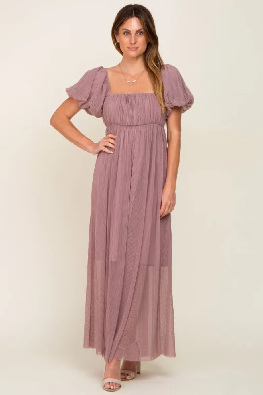 Mauve Pleated Puff Sleeve Maxi Dress Stylish Boho Maxi Dress