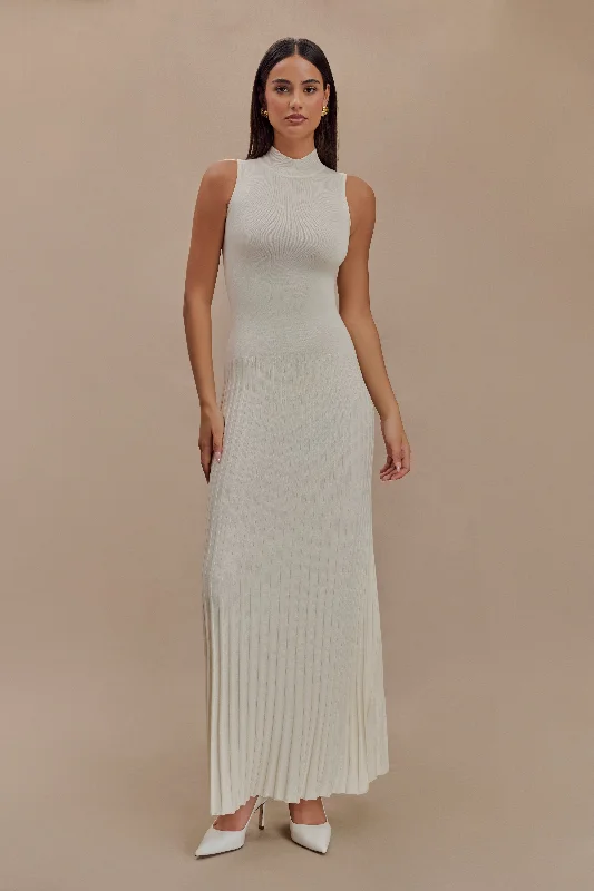 Mavis High Neck Pleated Maxi Dress - Ivory Comfortable Bohemian Maxi Dress