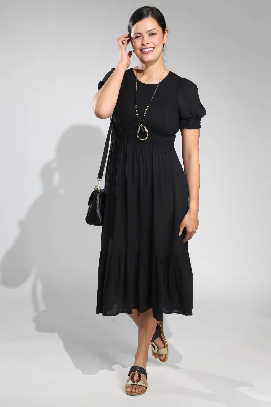 Midi Dress with shirred bodice | Black | 3305A1 Fashionable Casual Midi Dress
