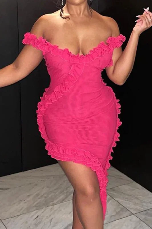 Sheer Mesh Ruffle Trim Asymmetrical Cross Backless Mini Dress Elegant Vintage Mini Dress