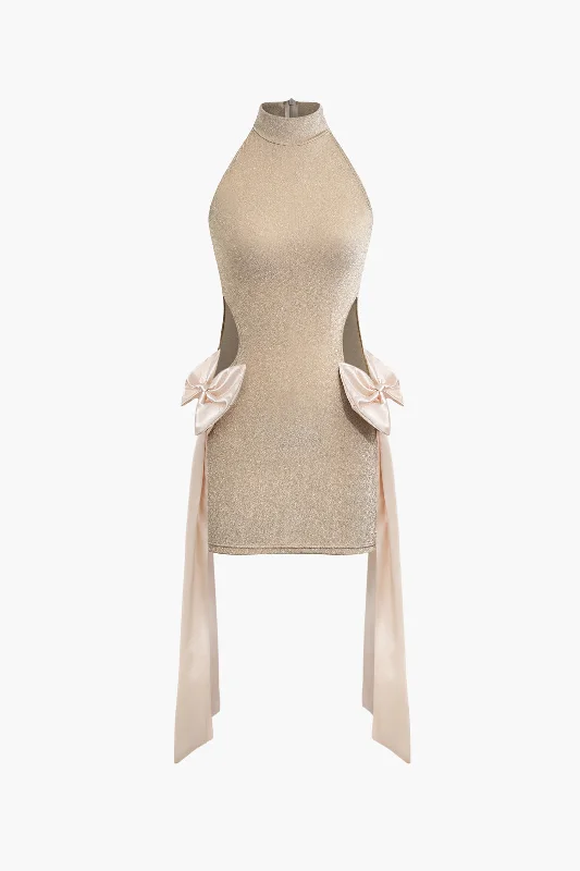 Bow Cut Out Mock Neck Mini Dress Cozy Satin Mini Dress