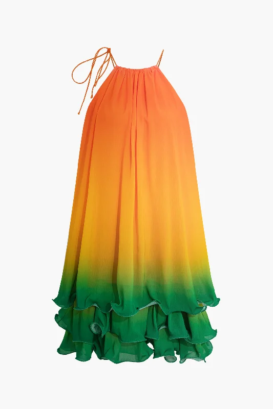 Ombre Layer Ruffle Mini Dress Chic Mini Dress with V-Neck