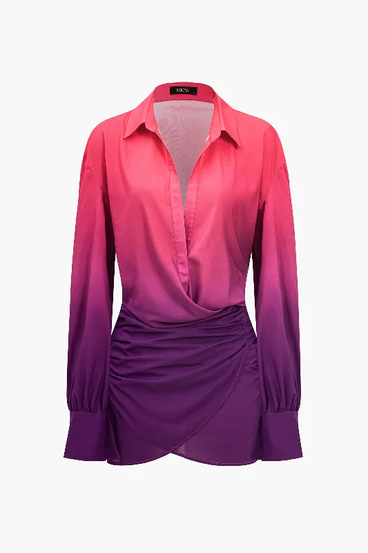 Ombre Print Ruched Button Up Mini Dress Trendy Off-Shoulder Dress Mini