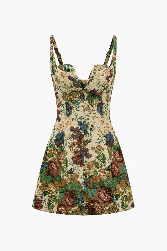 Floral Print V-neck Mini Dress Trendy Denim Mini Dress