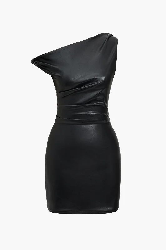 Faux Leather Asymmetrical Twist Knot Zipper Mini Dress Comfortable Linen Mini Dress