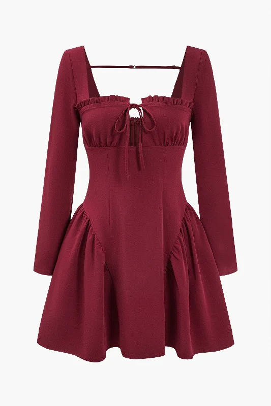 Solid Backless Ruched Tie-Up Mini Dress Casual Button-Up Mini Dress