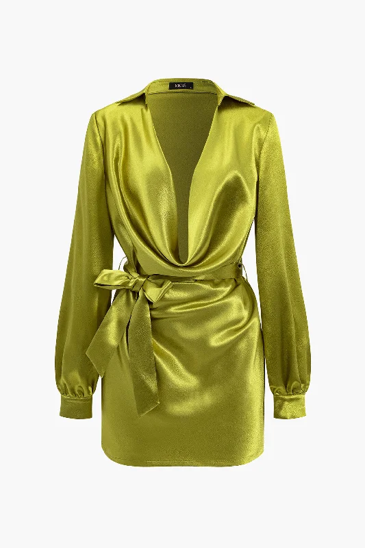 Solid Tie Front Draped Cowl Neck Belted Mini Dress Cozy Ruched Mini Dress