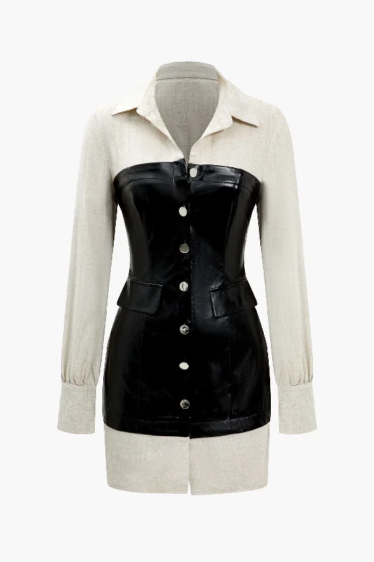 Button Patchwork Faux Leather Mini Dress Trendy Denim Mini Dress