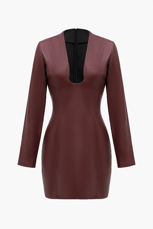 Solid Faux Leather Zipper V-neck Mini Dress Classic Striped Mini Dress