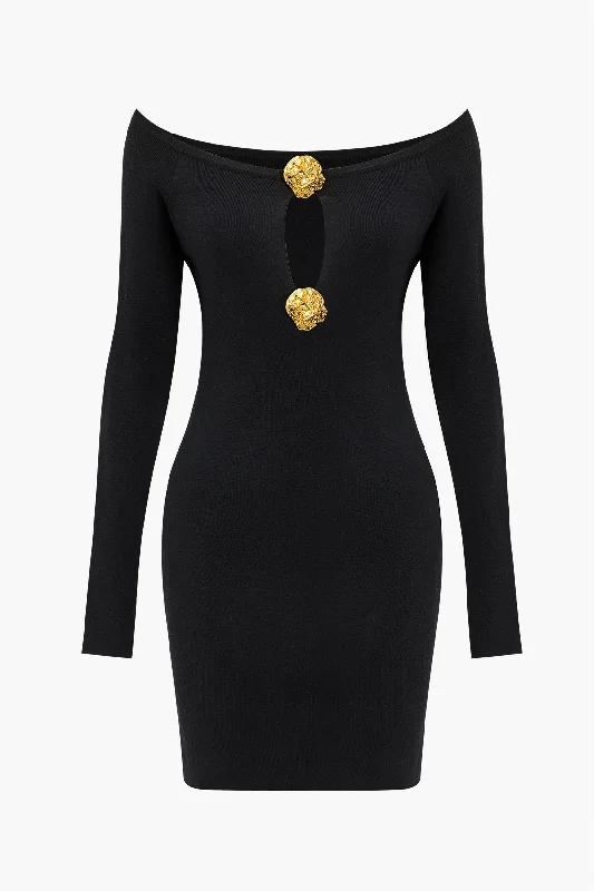Solid Off Shoulder Button Round Neck Cut Out Mini Dress Trendy Mesh Mini Dress