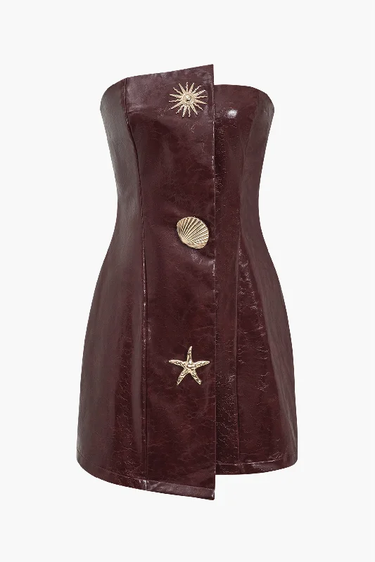 Faux Leather Strapless Mini Dress With Shell Embellishments Fashionable Mini Dress with Pockets