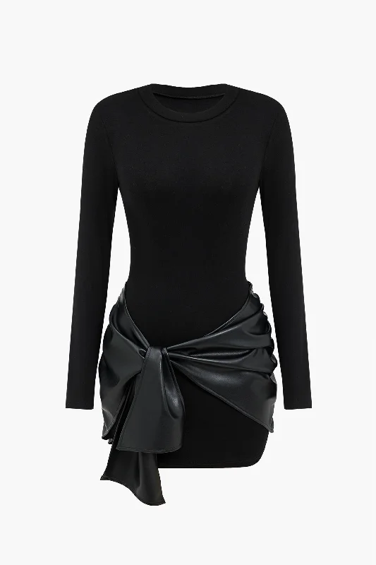 Faux Leather Patchwork Tie Front Round Neck Ruched Mini Dress Comfortable Ruffle Mini Dress