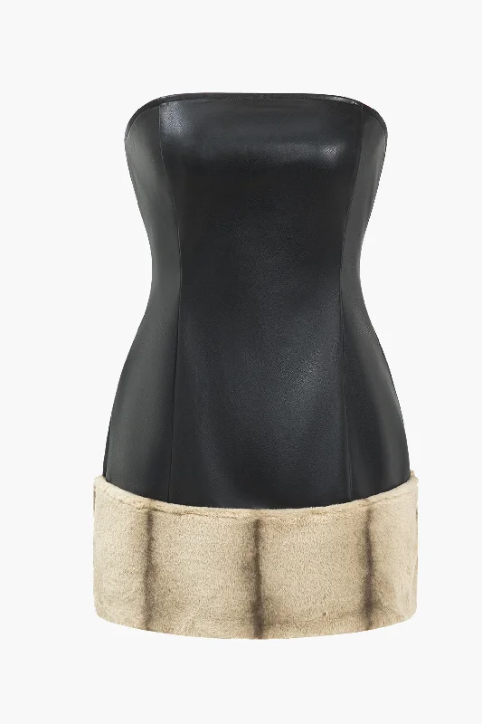 Solid Faux Leather Patchwork Strapless Mini Dress Cozy Sweater Mini Dress