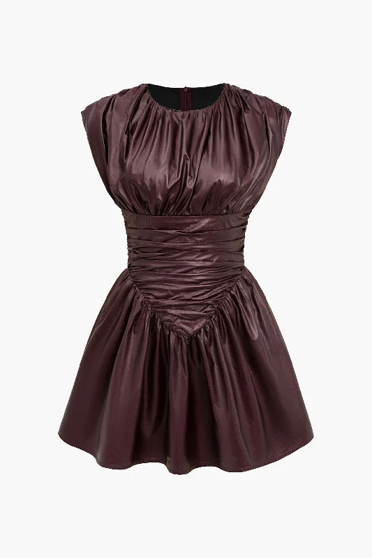 Solid Faux Leather Ruched Mini Dress Cozy Ribbed Mini Dress