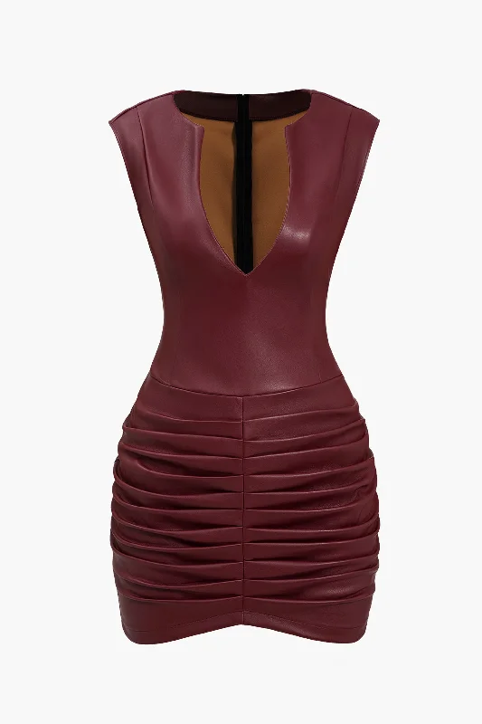 Ruched Faux Leather V-Neck Bodycon Mini Dress Elegant Silk Mini Dress