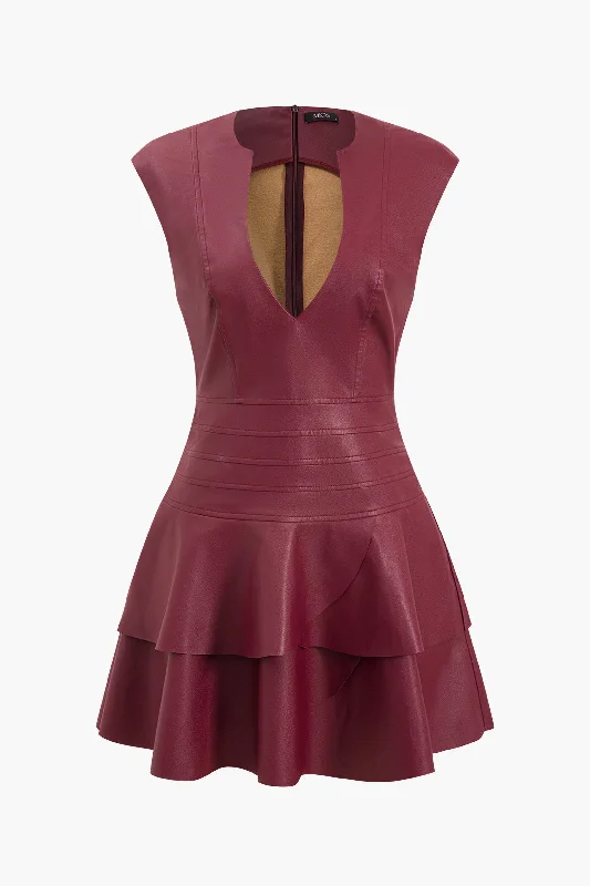 Deep V-Neck Sleeveless Tiered Mini Dress Casual Mini Dress with Pockets