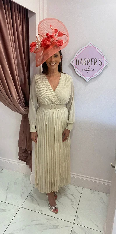 Melody Nude Pleated Belted Midi Dress Elegant Maxi-Midi Hybrid Dress