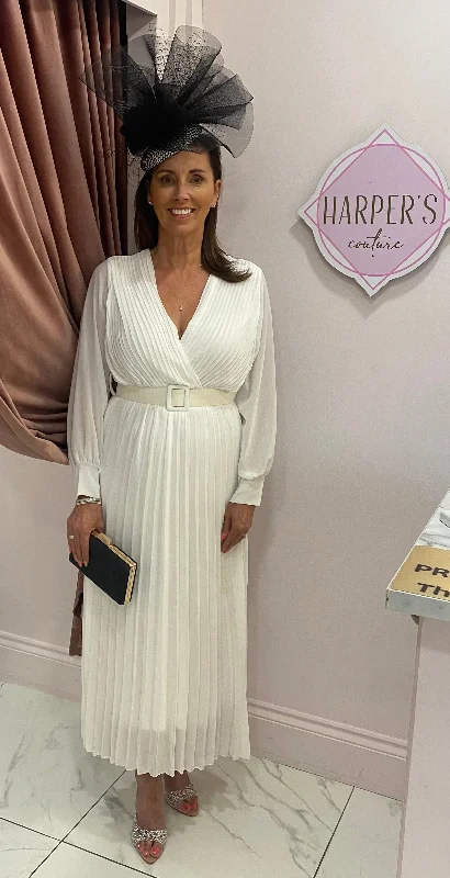 Melody White Pleated Belted Midi Dress Comfortable Casual Midi Dress