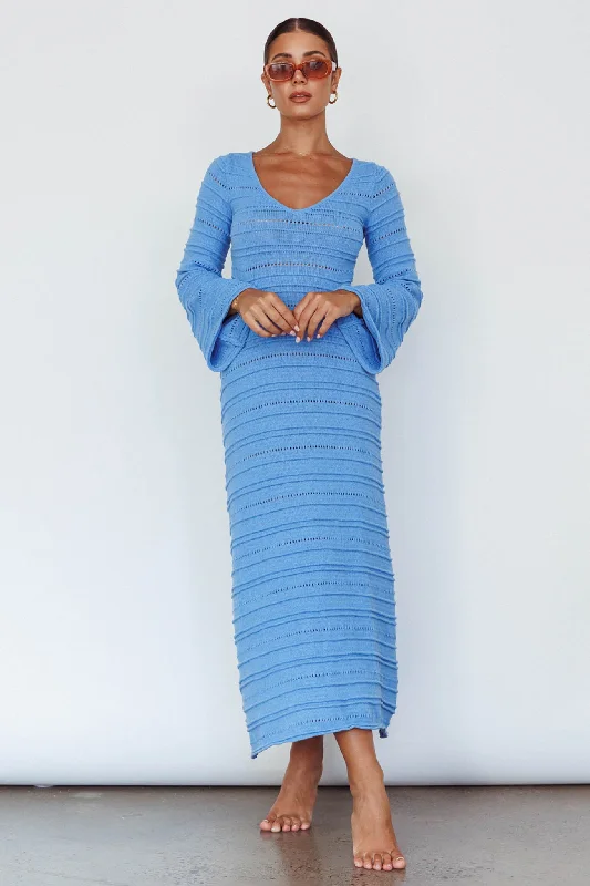 Meredith Long Sleeve Cut-Out Maxi Dress Blue Casual Maxi Dress with Pockets