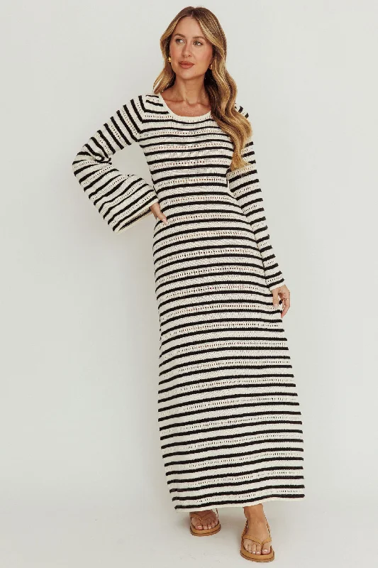 Meredith Long Sleeve Cut-Out Maxi Dress Cream Black Fashionable Printed Maxi Dress